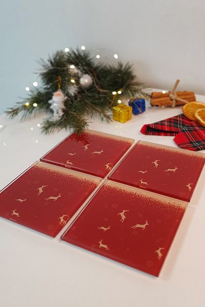 Decorita Glass Coaster| New Year Red 5-Piece Deer| Set of 4| 10cm X 10cm