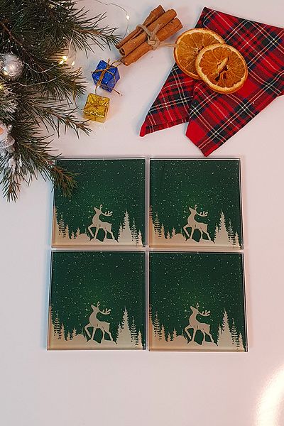 Decorita Glass Coaster| New Year Green Silhouette| Set of 4| 10cm X 10cm