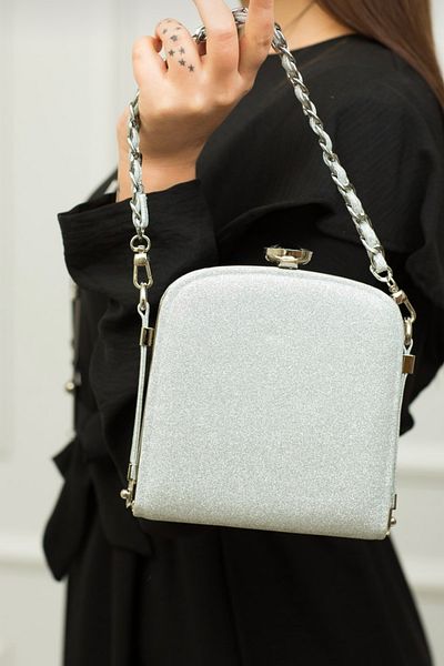 Moom Bag Geantă pentru rochie de seară cu mâner tricotat argintiu pentru femei