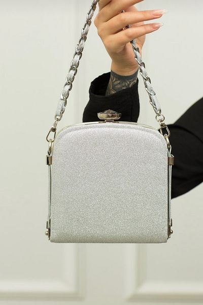 Moom Bag Geantă pentru rochie de seară cu mâner tricotat argintiu pentru femei