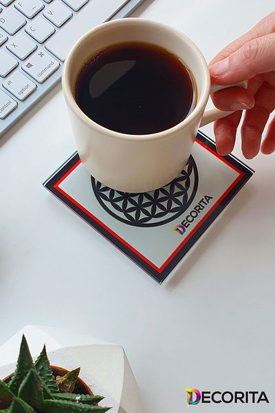 Decorita Glass Coaster| With Logo - Red - Black| Set of 4| 10cm X 10cm