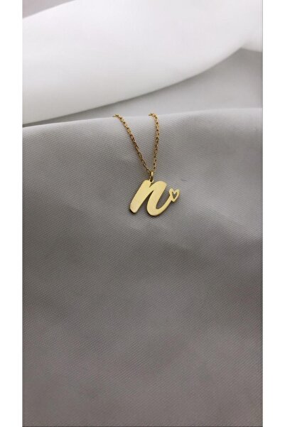 Kalp Detaylı Minimalist N Harfi 45cm Parlak Gold Sevgiliye Hediye Gümüş Kolye
