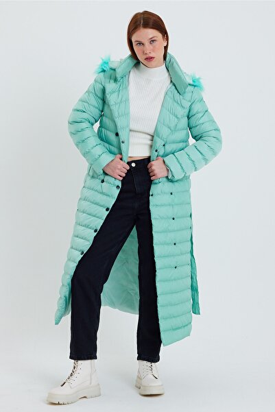 LE' SARE Mint Kürklü Kapüşonlu Şişme Mont