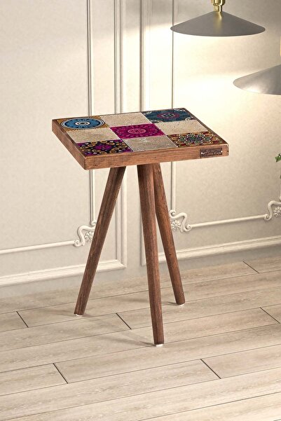 bluecape Traverten Taşlı Doğal Ağaç 32x32cm Ceviz Dekoratif Sehpa