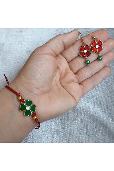 Pinkimaj Red Green Clover Lucky Bracelet Earring Set