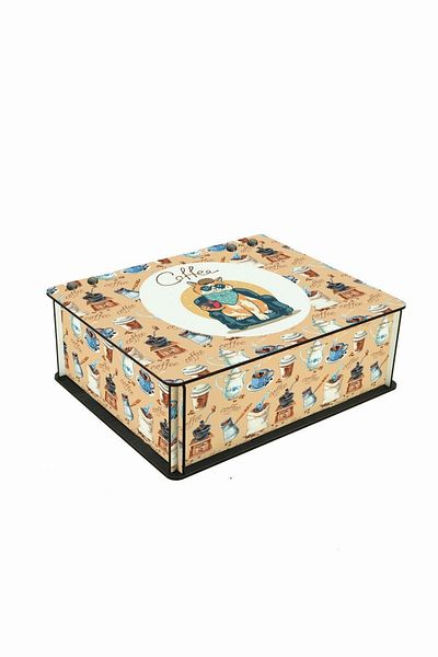 WuW 6 Compartments Wooden Tea Coffee Storage Box with Coffee and Cat Pattern