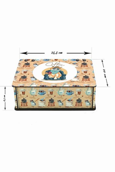 WuW 6 Compartments Wooden Tea Coffee Storage Box with Coffee and Cat Pattern