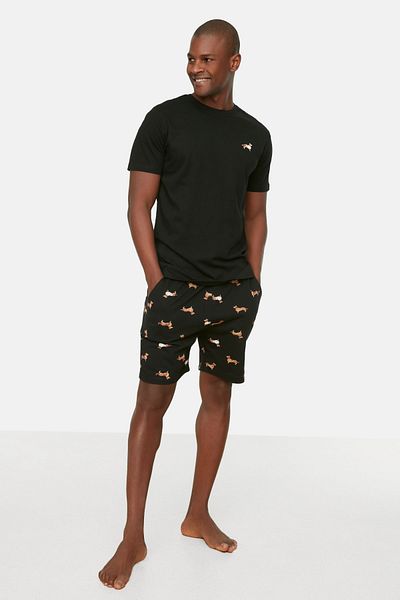 Trendyol Collection Μαύρο εμπριμέ 100% βαμβακερό σετ καλοκαιρινής πιτζάμας με κανονική εφαρμογή - THMSS21PT0920