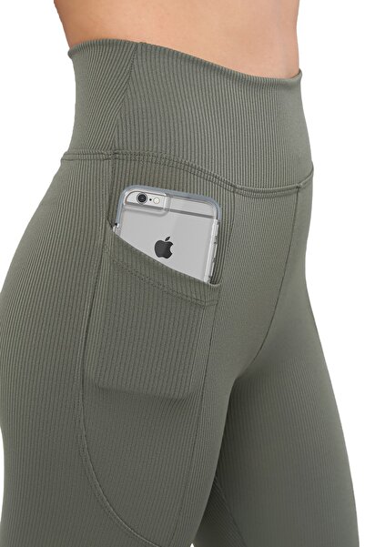 VOSSAX Khaki žebrované sportovní stahovací legíny s vysokým pasem a kapsami