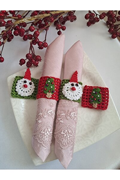 SOUL BY A&B El Örgüsü 4lü Peçetelik Kırmızı Yeşil Peçete Halkası Noel Baba Ça...
