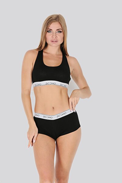 ZICCHO طقم شورت و بوستير نسائي أسود من القطن الأساسي