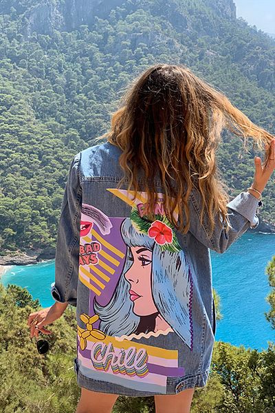 poupee Jachetă de blugi Pop Art albastră - Jachetă de blugi de damă cu imprimeu, croială confortabilă
