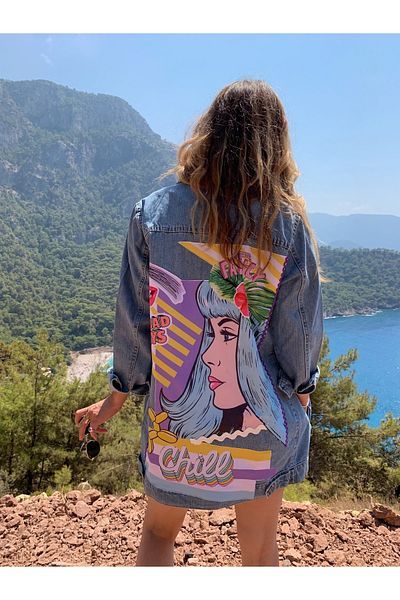 poupee Jachetă de blugi Pop Art albastră - Jachetă de blugi de damă cu imprimeu, croială confortabilă