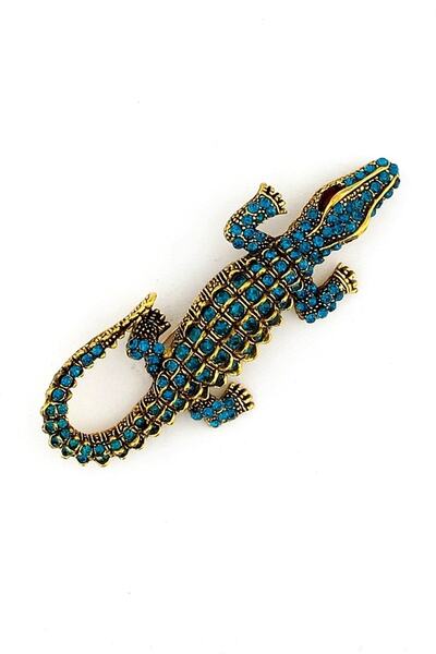 Solfera Mavi Timsah Crocodile Zirkon Taşlı Büyük Boy Rozet Broş Pin Rz087