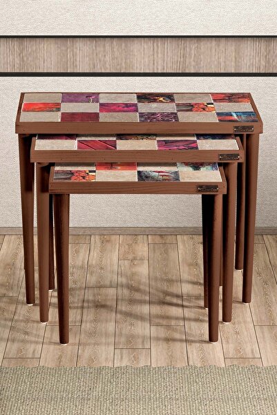 bluecape Traverten Taşlı Ceviz Doğal Ağaç 3'lü Zigon Sehpa