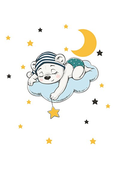 Genel Markalar Çocuk Odası - Sevimli Uyuyan Ayıcık Ve Yıldızlar Baskılı Zebra Perde