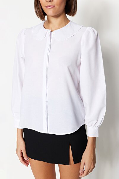 Trendyol Collection Bavlněná tkaná košile s balonovým rukávem Ecru TWOAW23GO00295