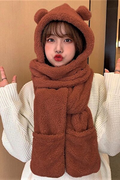 Homy Life Korean Style Plush Bear Eared Hooded Hat Beanie Winter With Pocket Gloves Welsoft Scarf Neck Collar Shawl