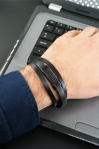 By Zeyna Aksesuar Erkek Hakiki Deri 3'lü Kombin Bileklik Manyetik Klipsli