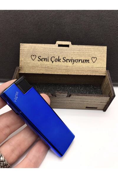 KANUNİ TESBİH 'seni Çok Seviyorum ' Yazılı Ahşap Kutulu Mavi Çakmak