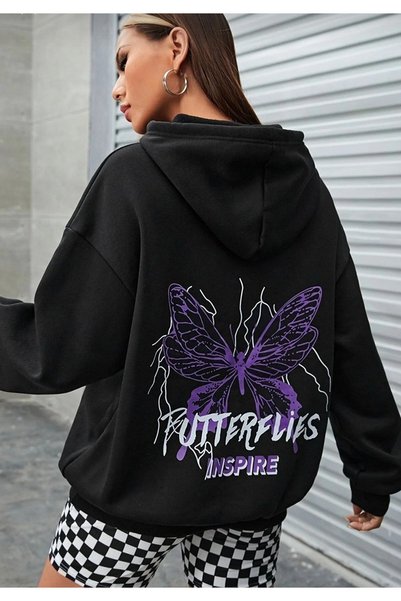 machiavelli Butterflies Printed Black Hooded Sweat