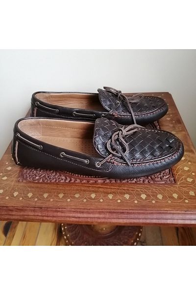 D By Divarese Unisex Genuine Leather Brown Hand Knitted Plain Combination Piping Lacing Ornament Snap Rubber Sole Loafer