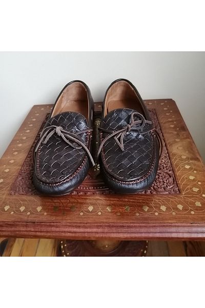 D By Divarese Unisex Genuine Leather Brown Hand Knitted Plain Combination Piping Lacing Ornament Snap Rubber Sole Loafer