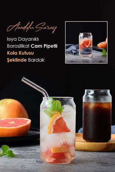 Anadolu Saray Çarşısı 1 Piece Heat Resistant Borosilicate Glass Coke Box Water Cup with Straw |   Coffee and Presentation Cup