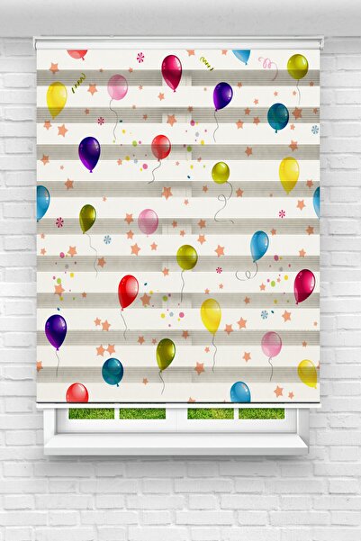 BeybiHome Çocuk Odası - Renkli Uçan Balonlar Ve Yıldızlar Basklı Zebra Perde