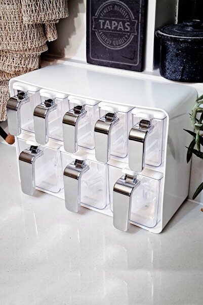 Herevin طقم وعاء توابل مكون من ثمانية أغطية بيضاء بمقبض من الكروم -161280-818