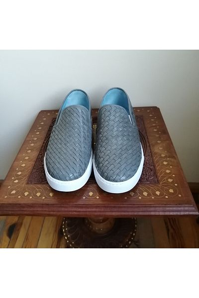 Butik Tülin Unisex Genuine Leather Burning Antique Gray Hand Knitted Elastic Flat Rubber Sole Loafer