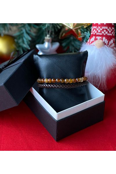 Hepsi Enteresan Agate Natural Stone Leather Bracelet, Gift for Man, Father, Father's Day, Valentine's Day