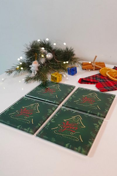 Decorita Glass Coaster| Happy New Year Green| Set of 4| 10cm X 10cm
