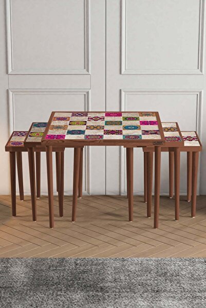 bluecape Traverten Taşlı Ceviz Doğal Ağaç Dekoratif 5'li Zigon Sehpa