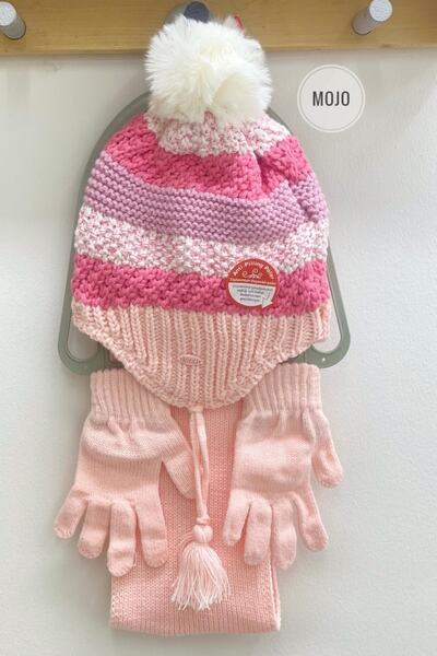 Kitti Girl's Colorful Striped Beret Scarf Glove Set K22170-08 Pink
