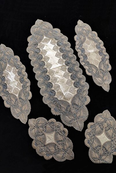 Çt Çeyizci Tekstil Living Room Set 5 Piece Ruched Tablecloth Runner Set - Capuccino Glitterless