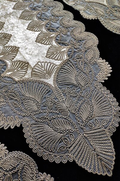 Çt Çeyizci Tekstil Living Room Set 5 Piece Ruched Tablecloth Runner Set - Capuccino Glitterless