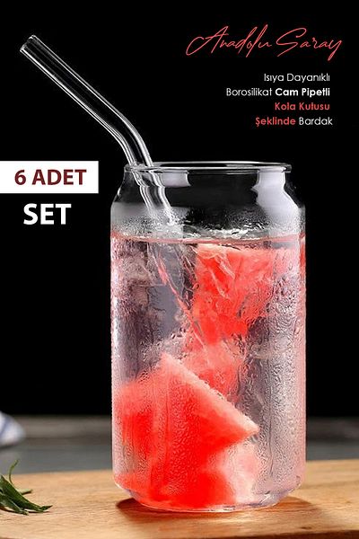Anadolu Saray Çarşısı 6 Pieces Heat Resistant Borosilicate Glass Cola and Glass Set with Straws