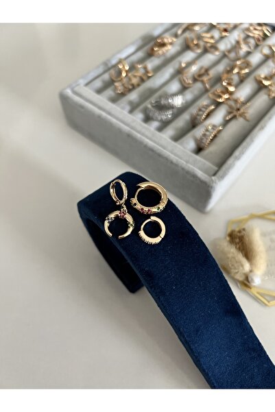 SU PERİSİ TAKI BİJUTERİ مجموعة من 3 أقراط على شكل هلال مرصعة بأحجار ذهبية اللون