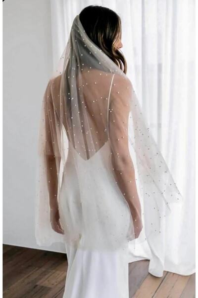 SCKN Aksesuar Off-White Pearl and Comb 1.5 Meter Veil with Pearls