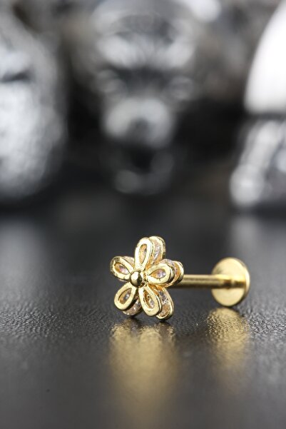 Valhalla 316l Cerrahi Çelik Kıkırdak Tragus Helix Zirkon Taş Labret Çiçek Piercing 8 Mm Gold