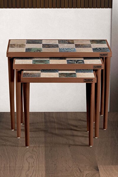 bluecape Traverten Taşlı Ceviz Doğal Ağaç 3'lü Zigon Sehpa