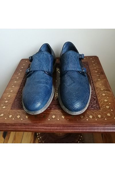 D By Divarese Unisex Genuine Leather Navy Blue Snake Print Plain Combination Double Buckle Lightweight Eva Sole Loafer