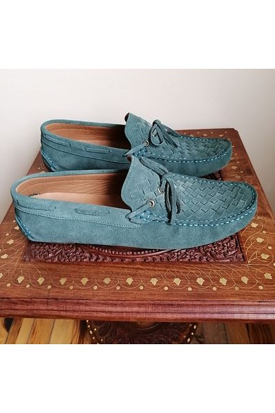 İnci Unisex Genuine Leather Suede Green Hand Knitted Plain Combination Bias Lacing Ornamental Rubber Insert Sole Loafer