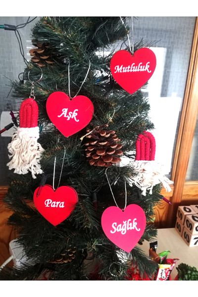 tasarımanya Christmas Tree Ornaments Beautiful Wishes Set of 4 Wooden New Year Ornaments