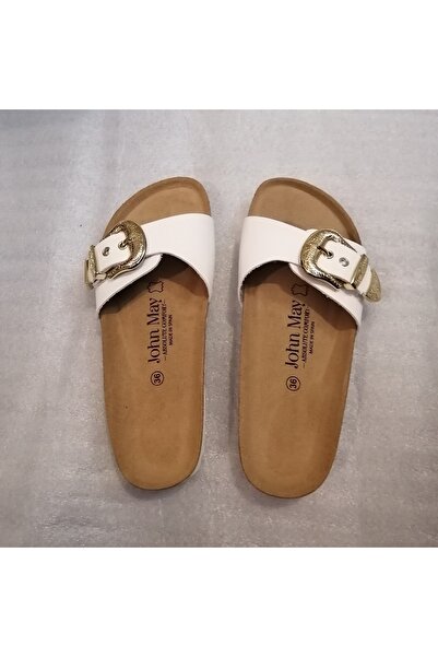 John May Uniseks Hakiki Vaketa Deri Beyaz Altın Metal Desenli Tokalı Üç Ayarlı Tek Bantlı Terlik