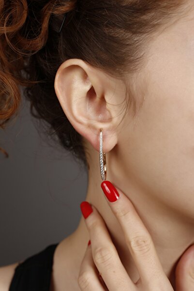 didem çetin Kadın Gold Büyük Oval Beyaz Zirkon Taşlı Küpe