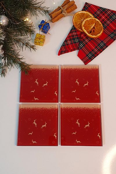 Decorita Glass Coaster| New Year Red 5-Piece Deer| Set of 4| 10cm X 10cm