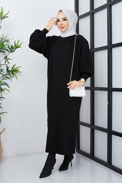 Pamuk Butik Γυναικείο Μαύρο Πλεκτό Φόρεμα Hijab με μπαλόνι μανίκι