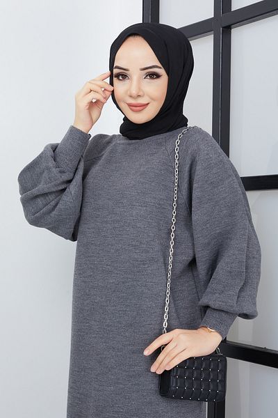 Pamuk Butik Γυναικείο πλεκτό φόρεμα με μανίκια από ανθρακί Hijab